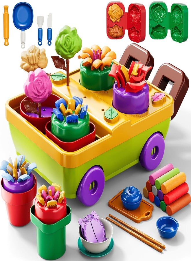 JUKUDAHU 50PCS Play Clay Set Blooming Flower Garden Toy Playset for Kids 3-5, DIY Nature Kits, Pretend Kitchen Toys Accessories with Cart, Toy Dishes, Gifts for Girls Boys Toddlers Ages 3 4 5 6 7 8 9 - Image 1